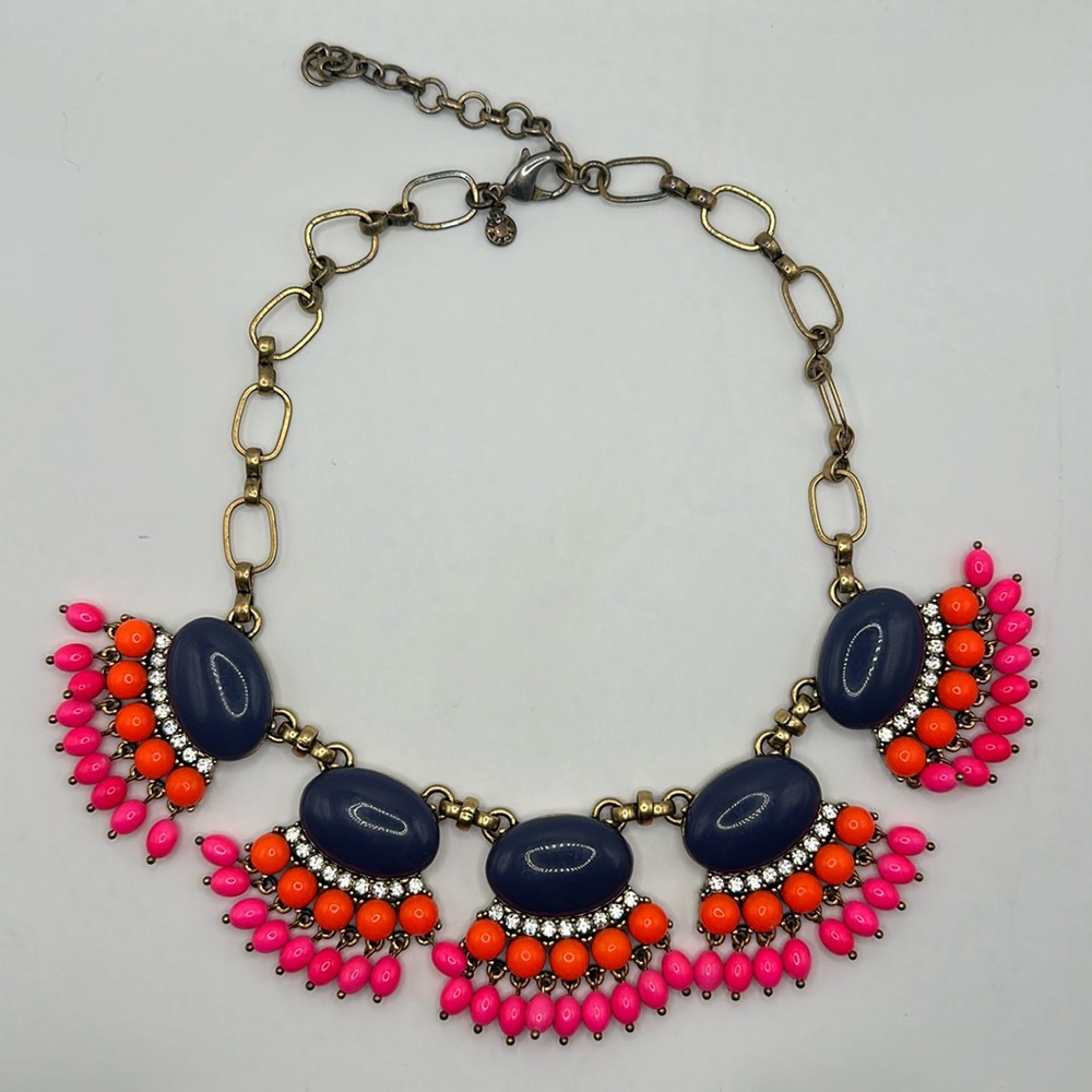 J.Crew Fan Fringe Statement Necklace Vibrant Fuchsia Orange Gold Tone JCrew
